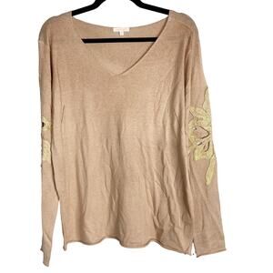 Morning Apple Large Pink Lace Applique V Neck Long Sleeve Knit Top Cotton Blend